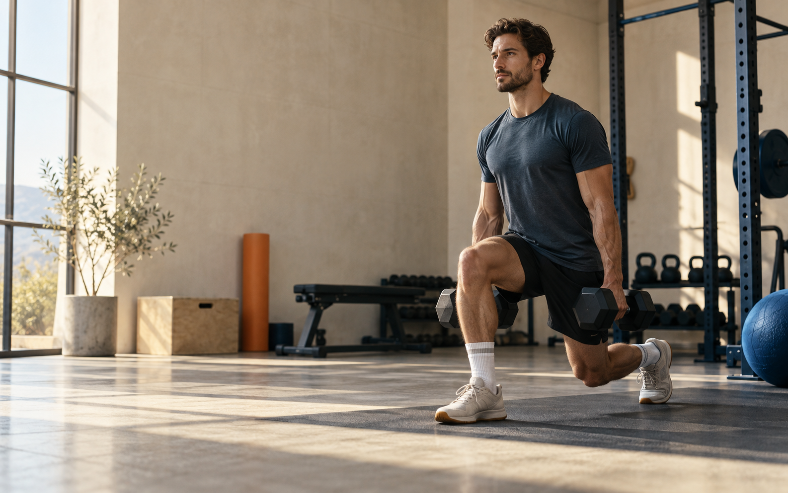 Athlete performing a dumbbell split squat in a bright training studio.
