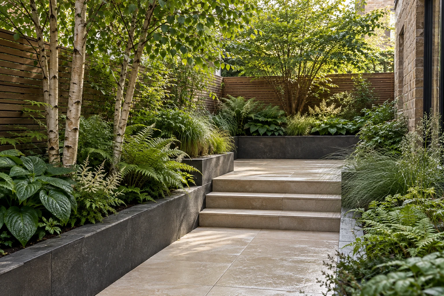 Intimate courtyard garden with ferns, ornamental grasses and pale limestone paving
