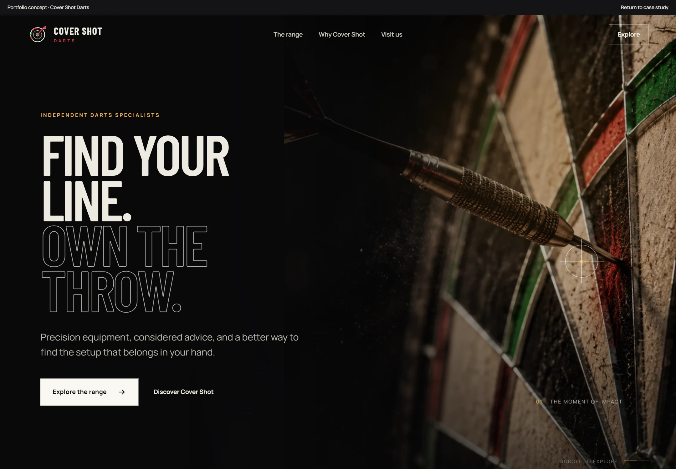 Cover Shot Darts desktop homepage: Find your line, Own the throw headline alongside a close-up of a steel-tip dart embedded in a dartboard.