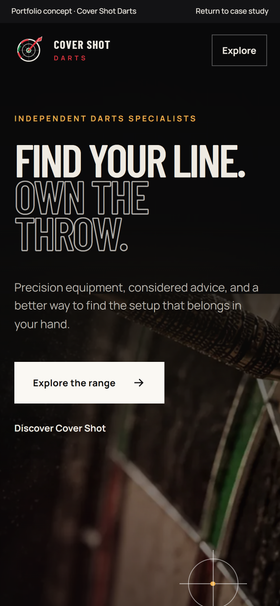 Cover Shot Darts mobile homepage: compact logo and Explore link above a stacked headline, introductory copy and a tightly cropped dartboard photograph.