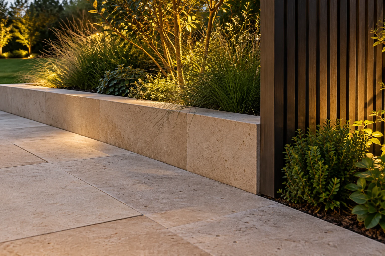 Limestone paving beside a raised planting bed and vertical timber screen