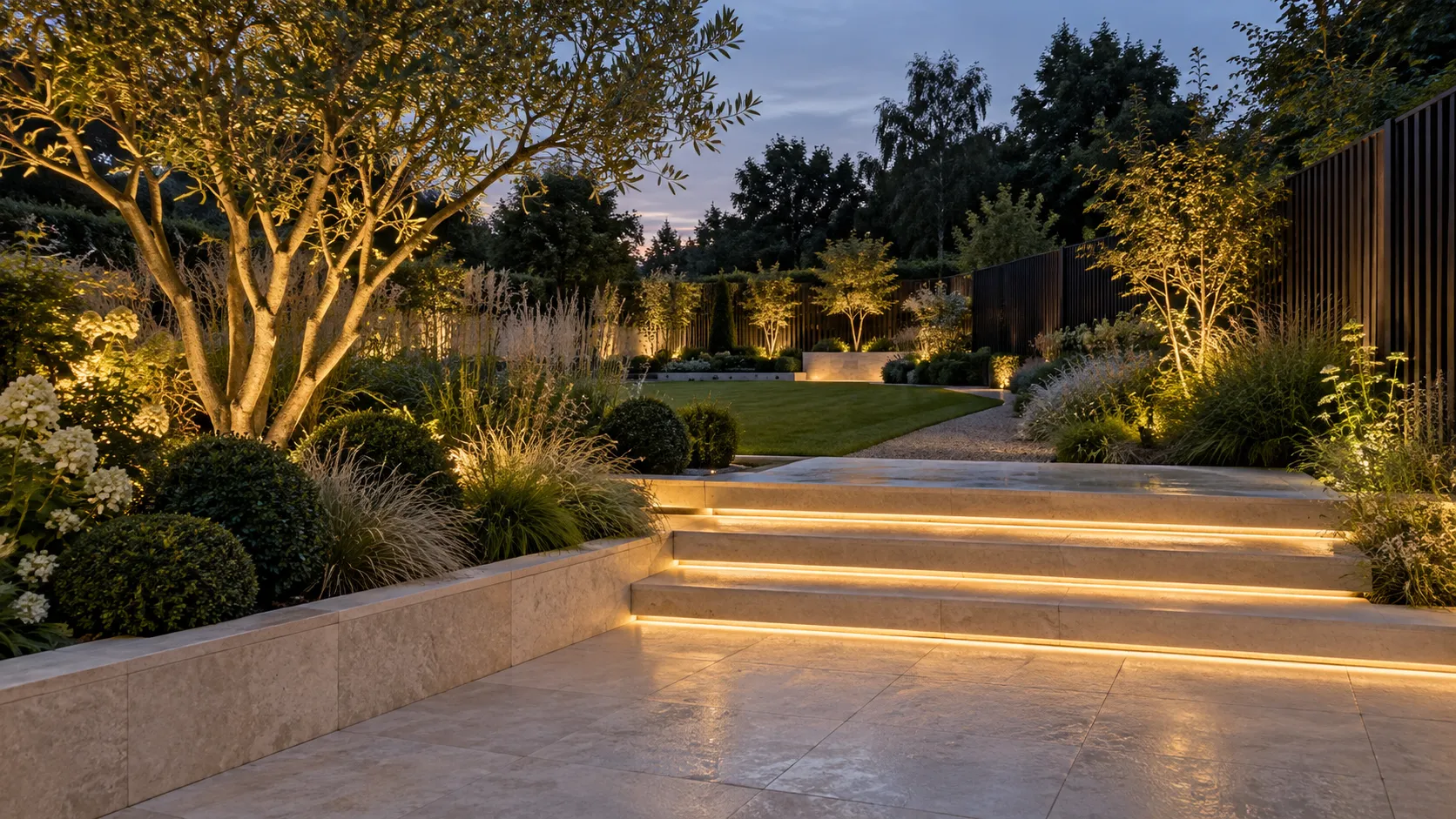 Architectural garden with warm stone terraces and layered planting