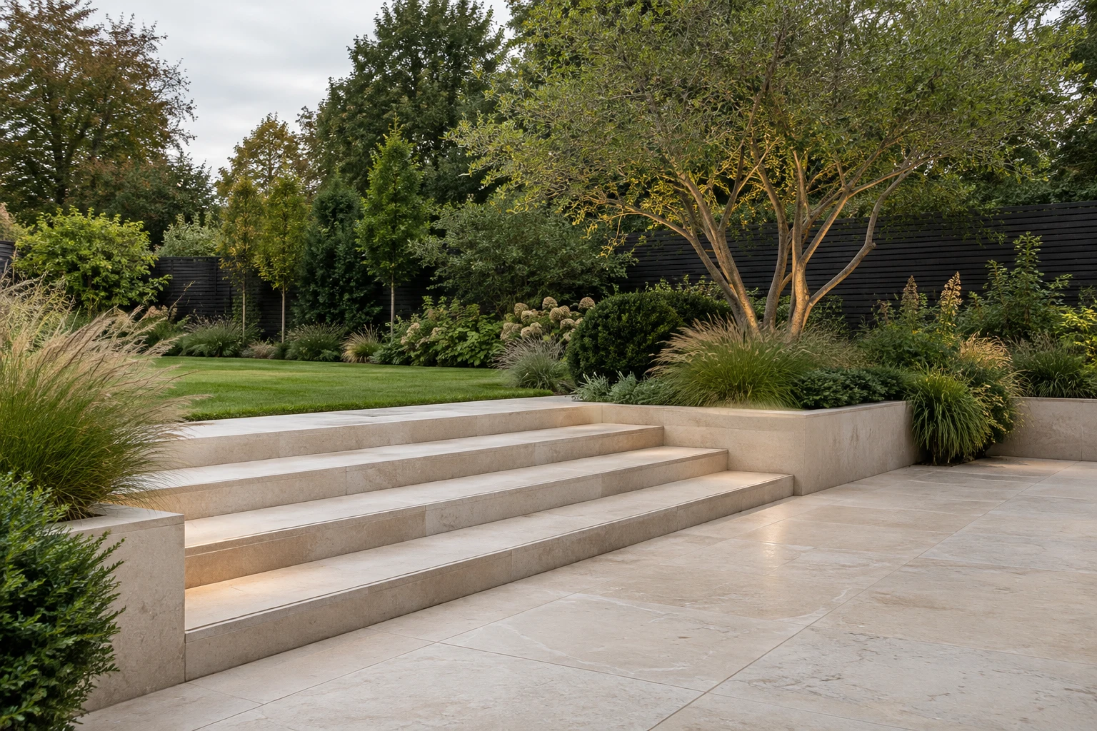 Spacious family garden with limestone terrace, timber fencing and layered planting