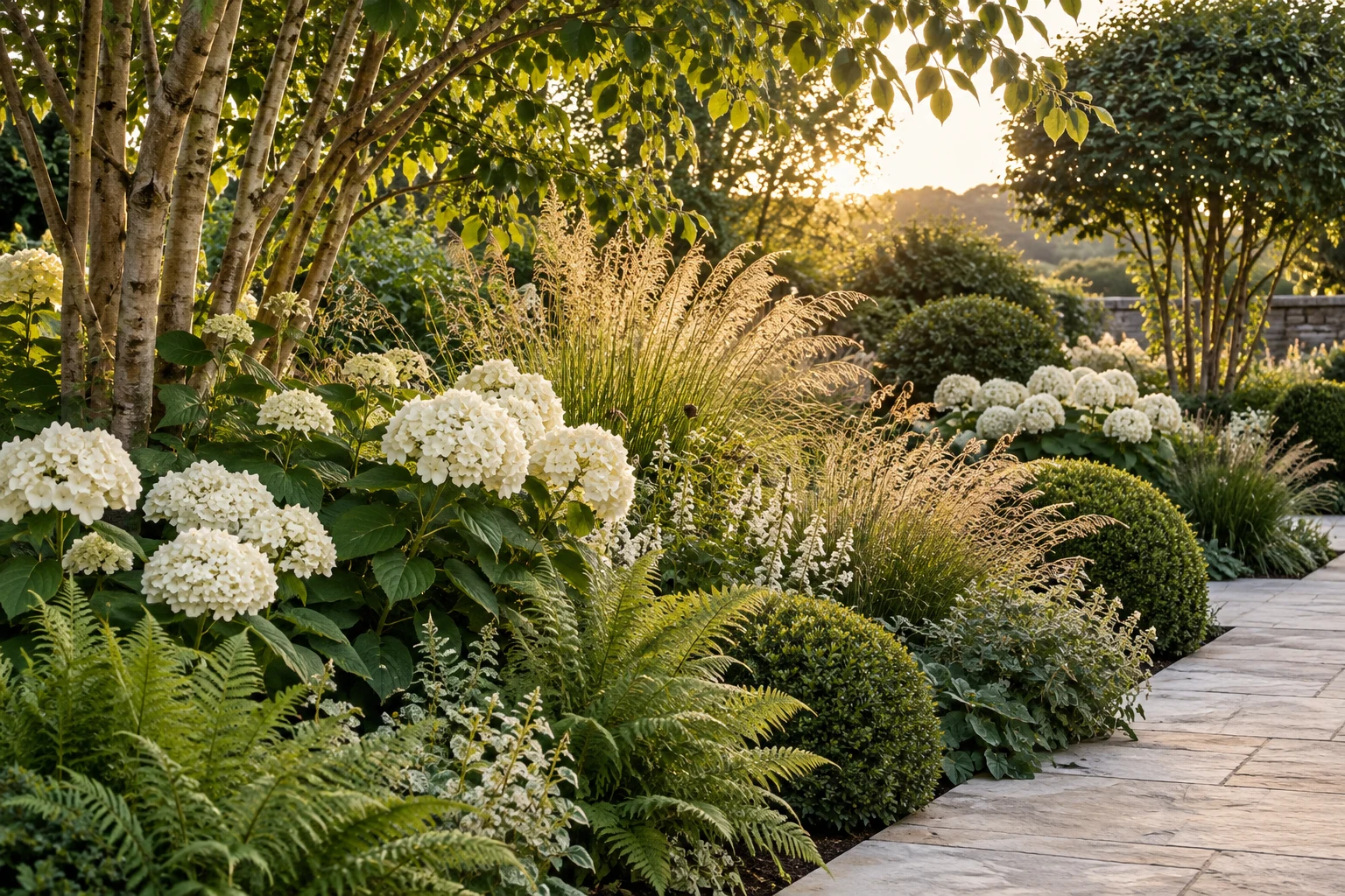 Layered border with grasses, hydrangeas, ferns and a multi-stem tree
